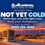 Furnace tune-up Albuquerque: Academy Plumbing October 2026 fall changeover graphic with a rooftop swamp cooler at sunset. Not yet cold. Book your changeover. Call (505) 293-4949