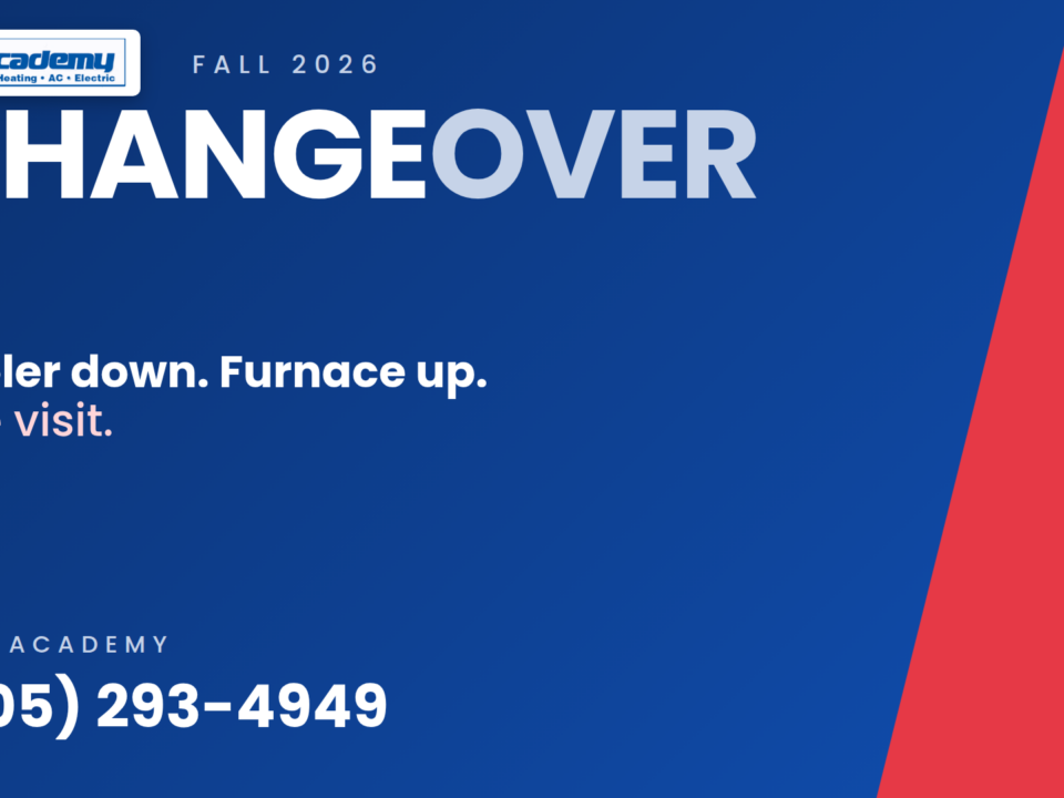 Academy Plumbing fall changeover 2026: cooler down, furnace up, one visit. Call (505) 293-4949