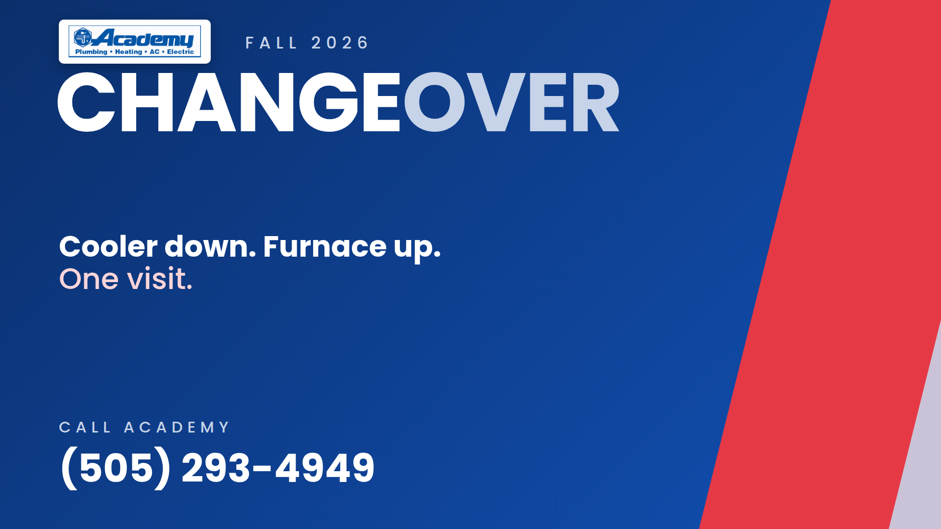 Academy Plumbing fall changeover 2026: cooler down, furnace up, one visit. Call (505) 293-4949