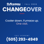 Academy Plumbing fall changeover 2026: cooler down, furnace up, one visit. Call (505) 293-4949