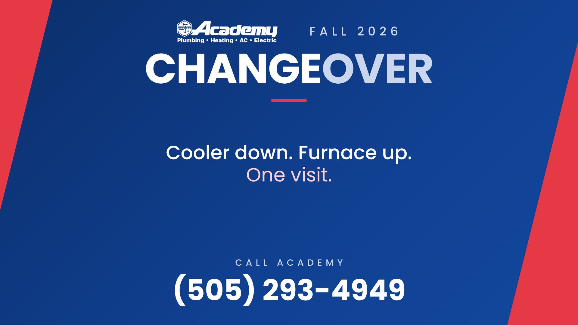 Academy Plumbing fall changeover 2026: cooler down, furnace up, one visit. Call (505) 293-4949